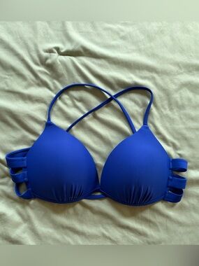Dark blue padded criss-cross bikini top